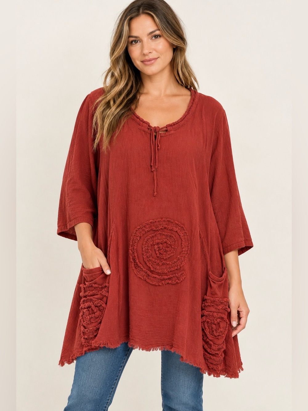 Oh My Gauze Circle Boho Rust Top Pockets Drawstring Neckline Fringe Hemline L/XL
